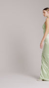 Crystal Fringe Trimmed Ribbon Crossed Halterneck Silk Satin Dress in Baby Green
