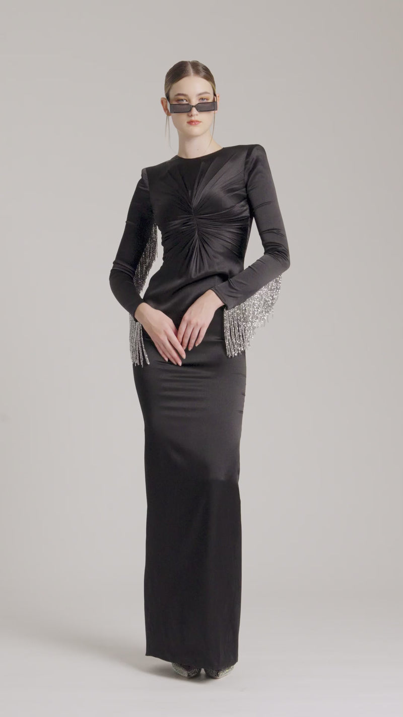 Black Crystal Fringe Embellished Sleeves Maxi Dress with Back Slit