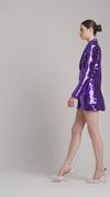 Sequin Embellished Coat Dress with Silk Satin Lapels in Purple