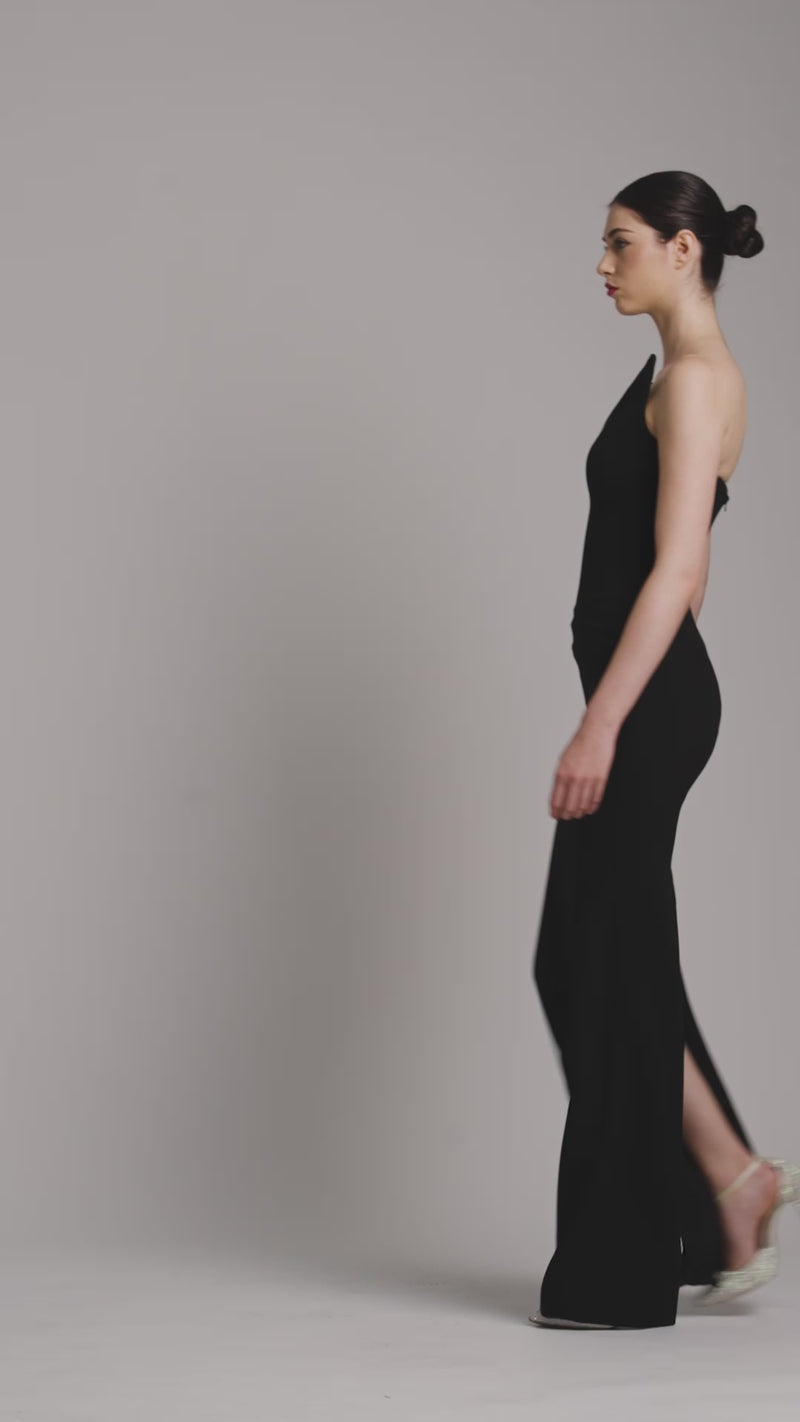 Black straight-cut floor length adorned with Pointy Bustier