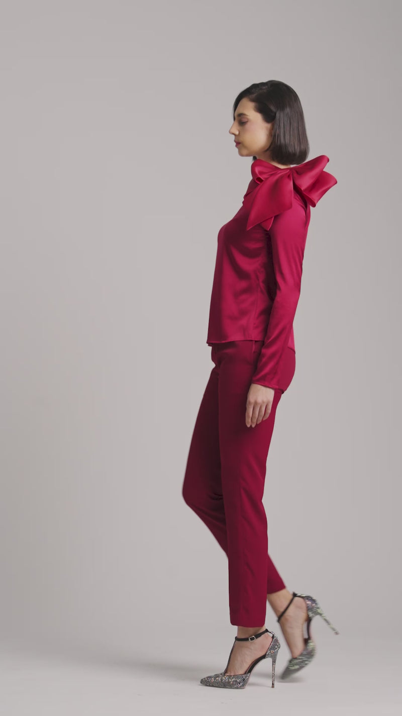 Silk Satin Button and Bow Embellished Blouse with Long Sleeves in Maroon