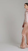 Silk Satin Button and Bow Embellished Blouse with Long Sleeves in Blush Pink