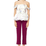 Printed Silk Gazar Strapless Peplum Top in White