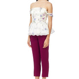 Printed Silk Gazar Strapless Peplum Top in White