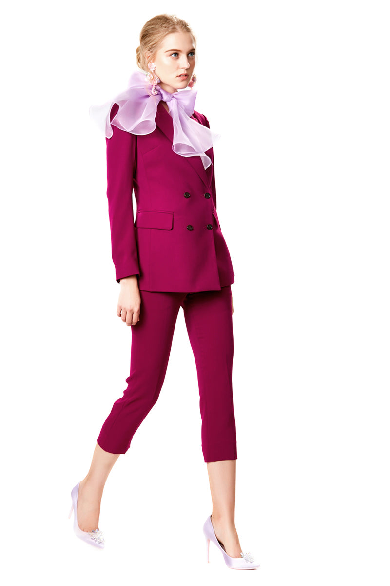 Mid Waist Capri Trousers With Double Breasted Blazer 2pcs Set In Plum Purple