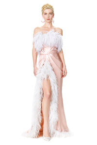 Ostrich Feathers Trimmed Strapless Silk Satin Dress