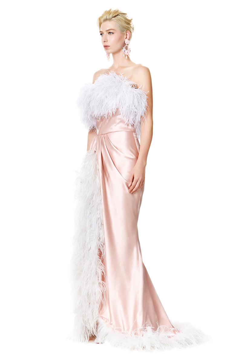 Ostrich Feathers Trimmed Strapless Silk Satin Dress in Pink