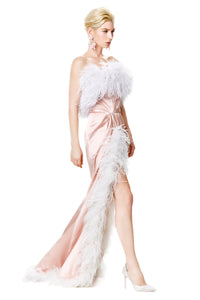 Ostrich Feathers Trimmed Strapless Silk Satin Dress