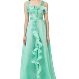 Silk Gazar Ruffles Maxi Dress in Seafoam Green