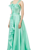 Silk Gazar Ruffles Maxi Dress in Seafoam Green