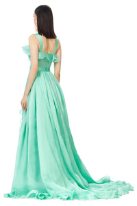 Silk Gazar Ruffles Maxi Dress in Seafoam Green
