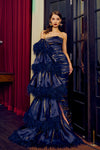 Sequins Embellished Silk Gazar Strapless Gown With Tiered Ruffles in Dark Blue