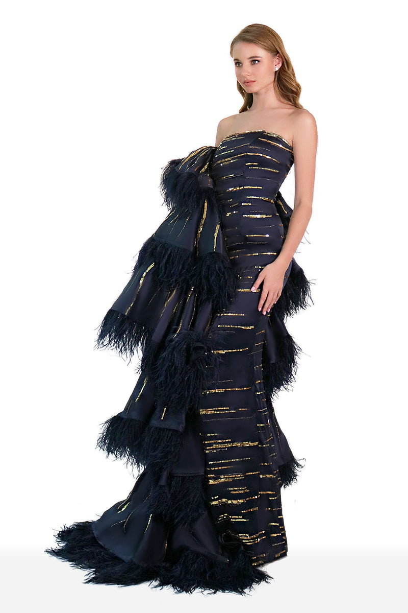 Sequins Embellished Silk Gazar Strapless Gown With Tiered Ruffles in Dark Blue