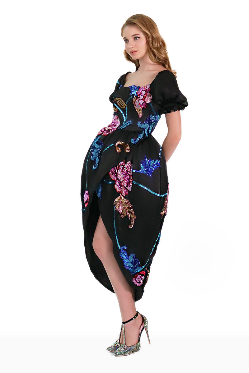 Sequins Embellished Silk Gazar Tulip Dress