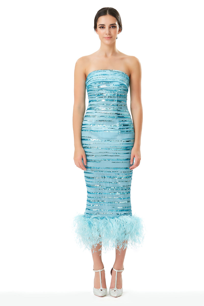 Sequins Embellished Silk Gazar Strapless Midi Dress with Ostrich Feather Hem in Blue