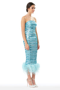 Sequins Embellished Silk Gazar Strapless Midi Dress with Ostrich Feather Hem in Blue