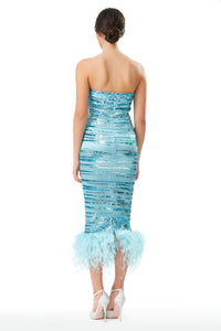 Sequins Embellished Silk Gazar Strapless Midi Dress with Ostrich Feather Hem in Blue