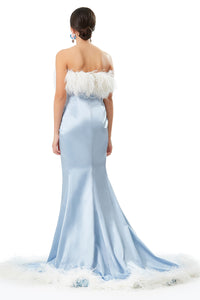 Ostrich Feathers Trimmed Strapless Silk Satin Dress in Baby Blue