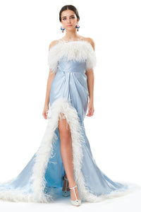 Ostrich Feathers Trimmed Strapless Silk Satin Dress in Baby Blue