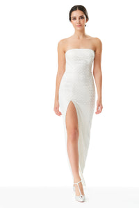 Hand Embellished Strapless Straight Cut Gown in White
