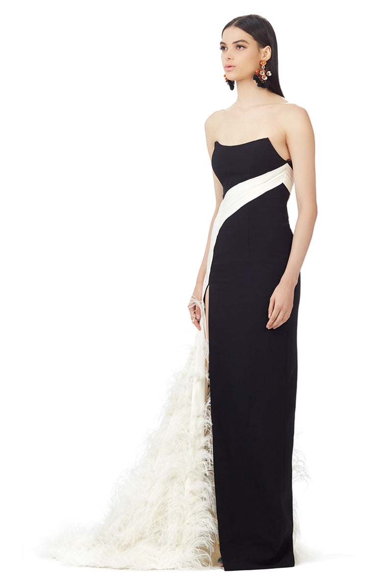 Ostrich Feathers Embellished Draped Silk Side Trail Gown