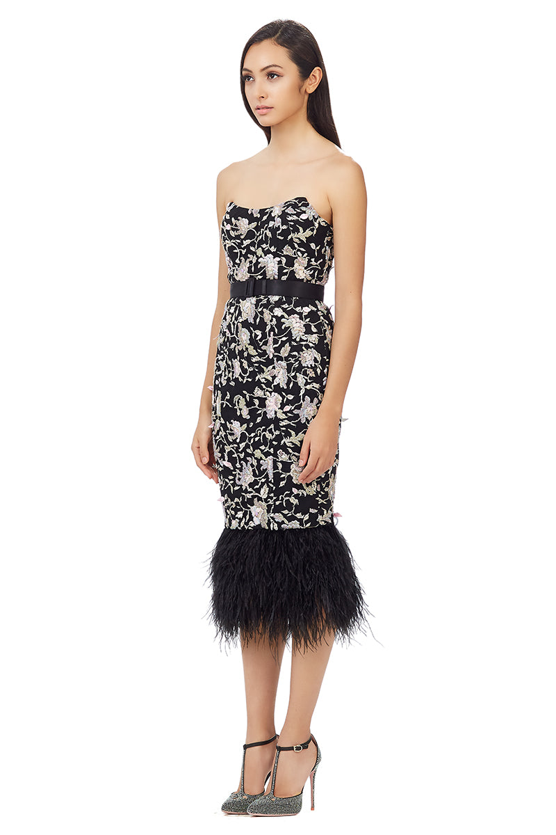 Hand Embellished Mesh With Ostrich Feathers Trimmed Midi Dress