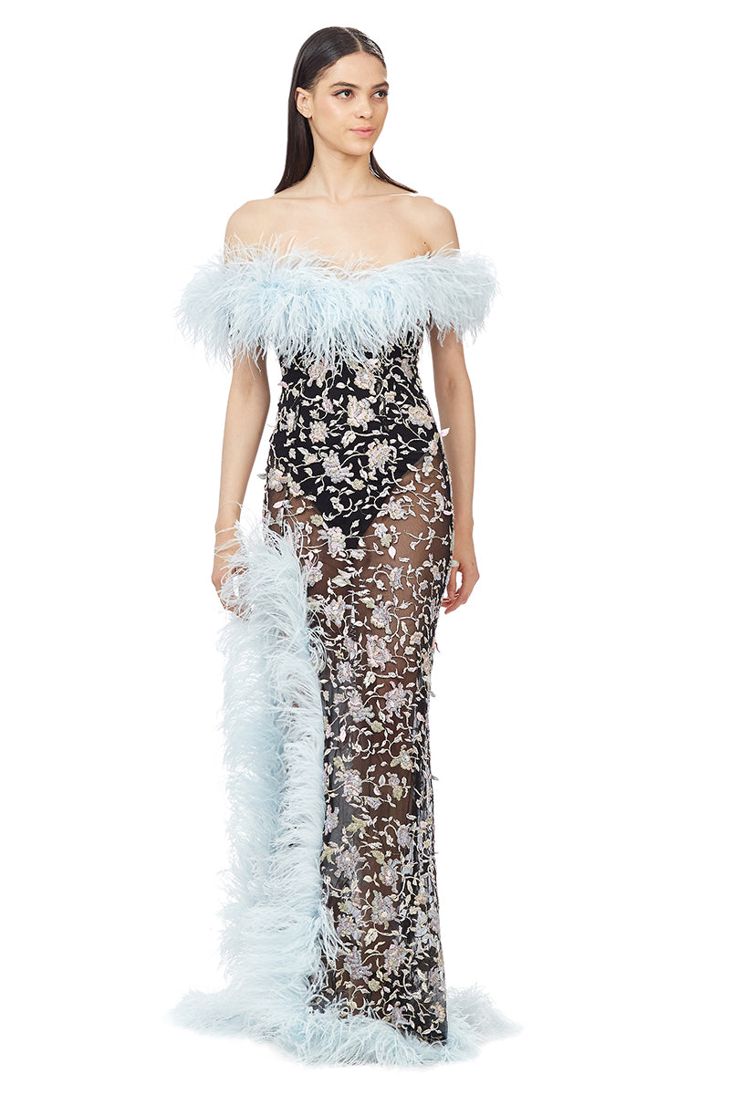 Hand Embellished Mesh With Ostrich Feathers Trimmed Side Slit Gown