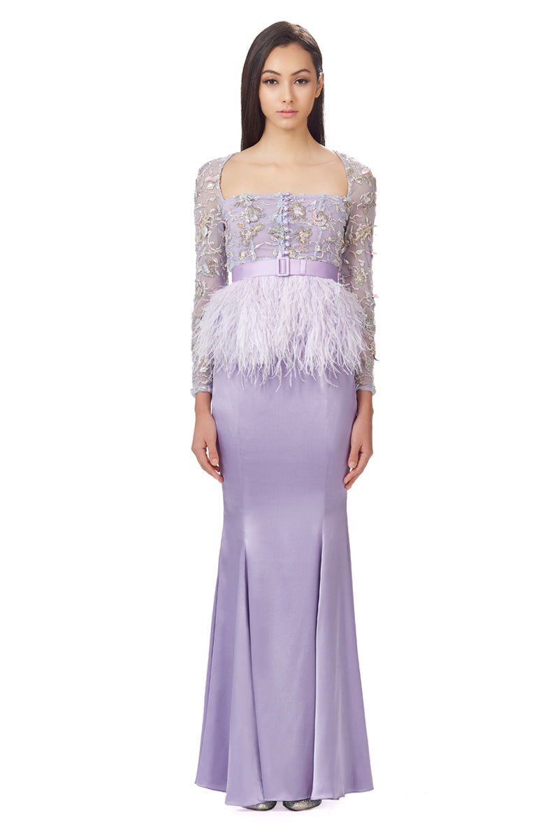 Hand Embellished Mesh Top With Ostrich Feathers Peplum in Lilac