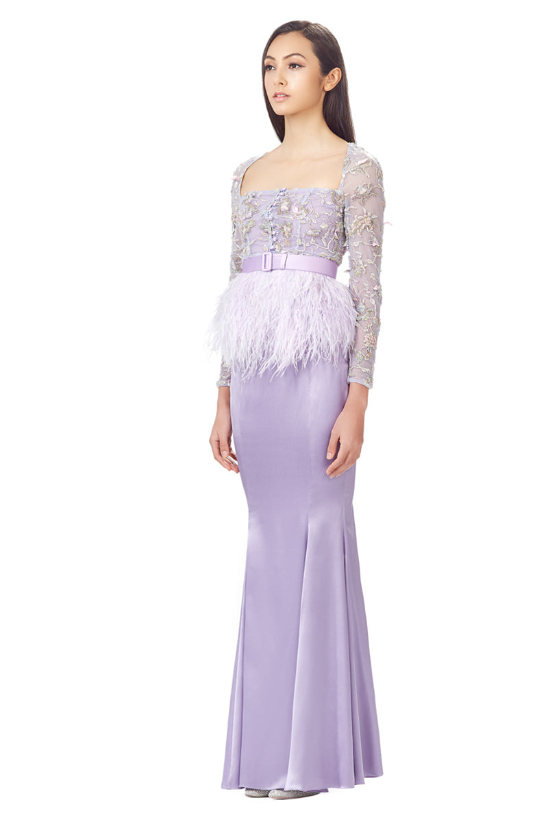 Hand Embellished Mesh Top With Ostrich Feathers Peplum in Lilac