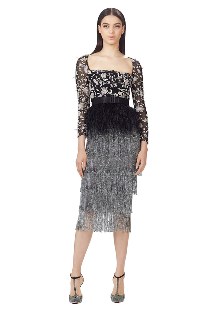 Hand Embellished Mesh Top With Ostrich Feathers Peplum in Black