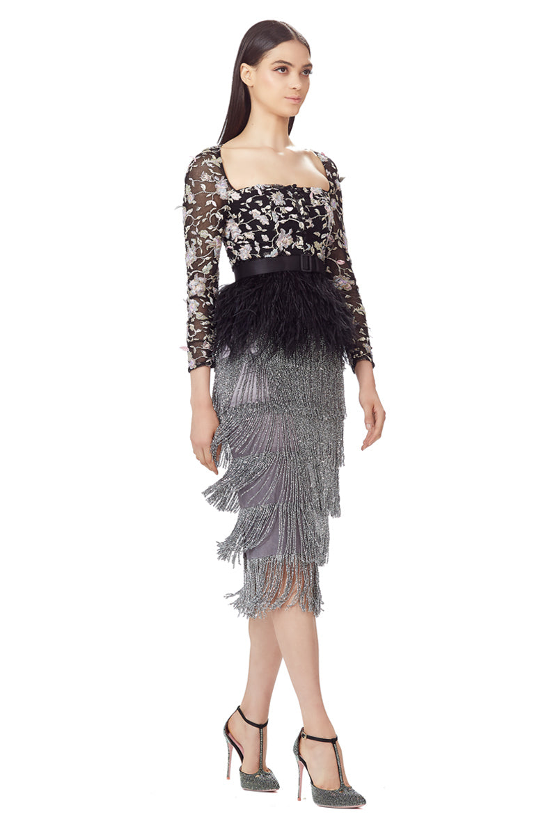 Hand Embellished Mesh Top With Ostrich Feathers Peplum in Black