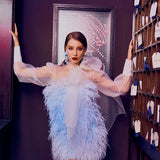 Ostrich Feather Embellished Strapless Mini Dress in Blue