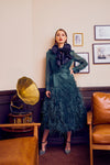 Silk Gazar Ostrich Feathers Embellished Trench Coat in Emerald Green