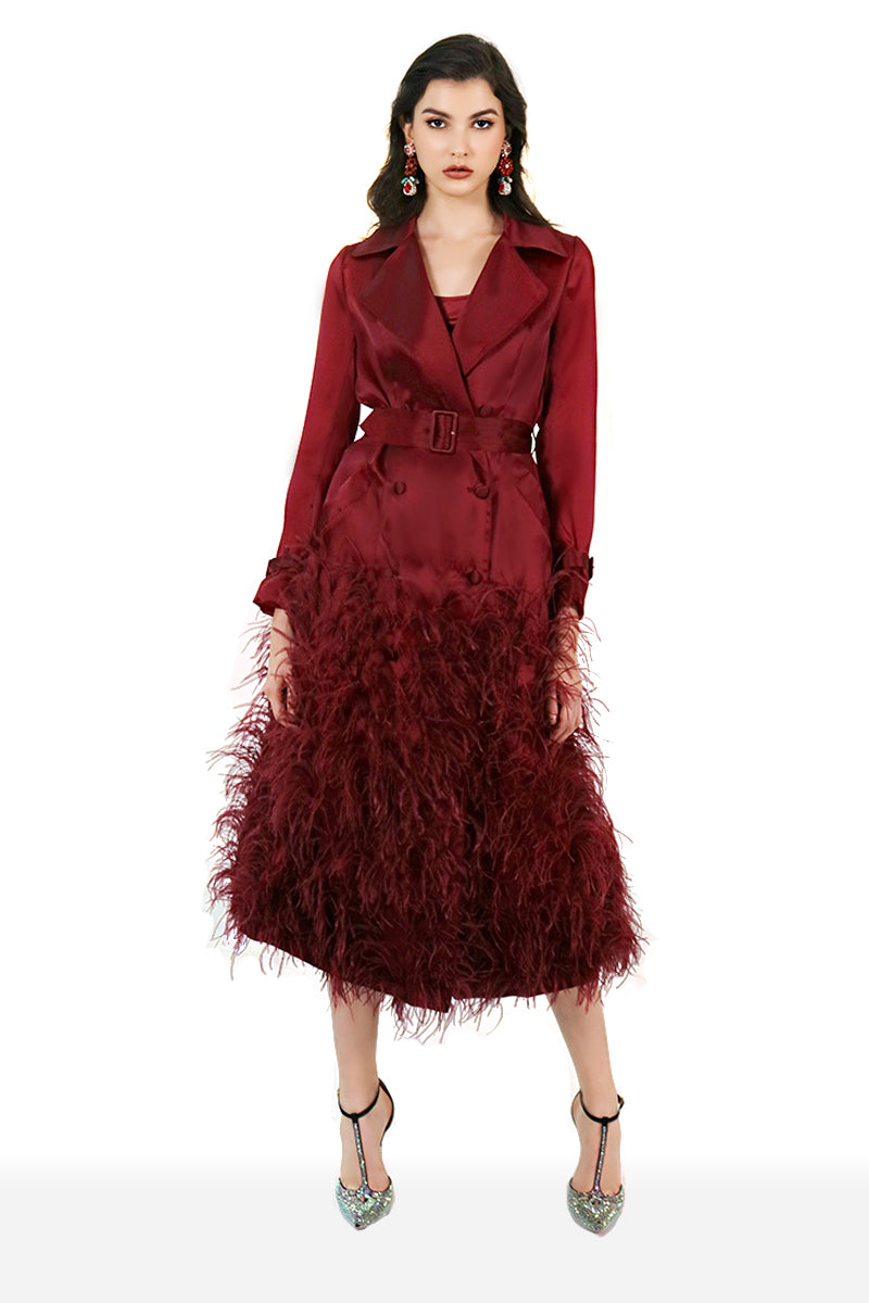 Silk Gazar Ostrich Feathers Embellished Trench Coat in Rosewood