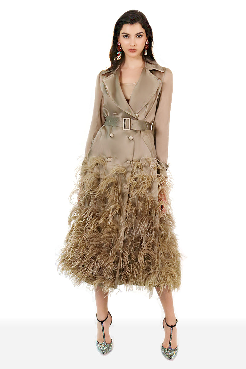 Silk Gazar Ostrich Feathers Embellished Trench Coat in Taupe Grey