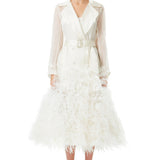 Silk Gazar Ostrich Feathers Embellished Trench Coat in White