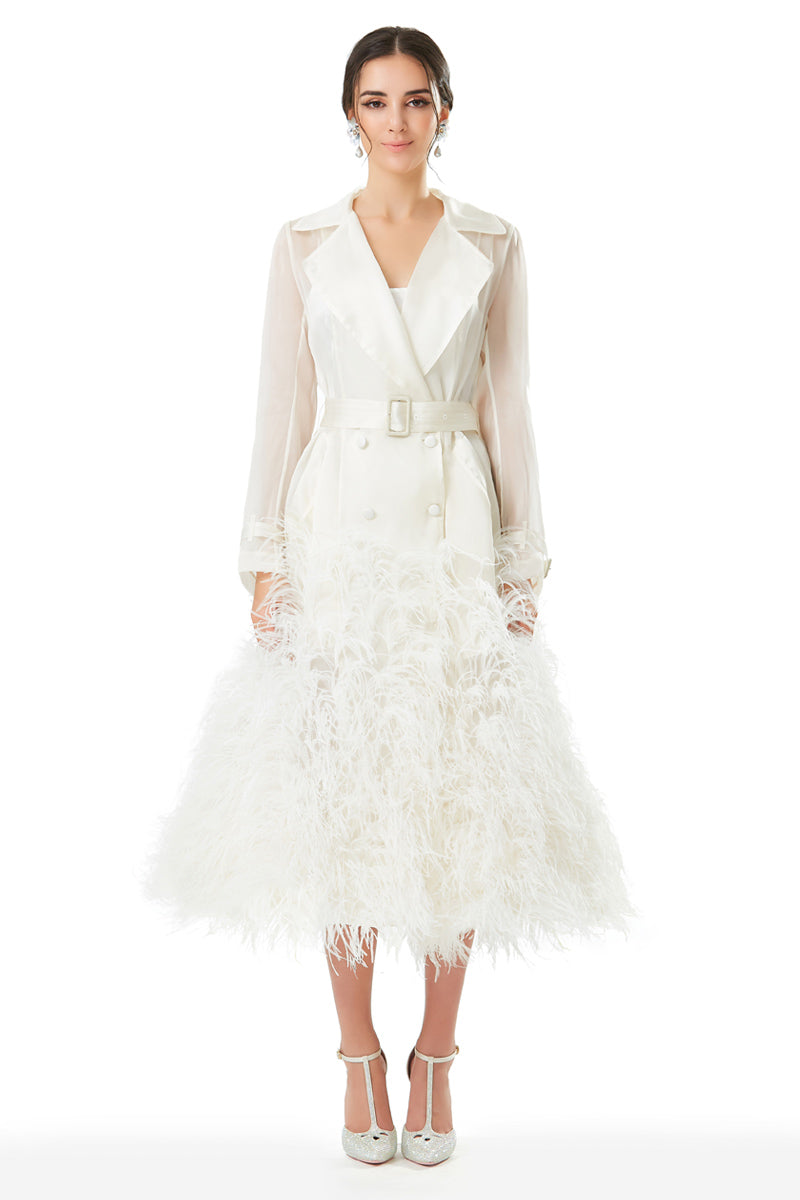 Silk Gazar Ostrich Feathers Embellished Trench Coat in White