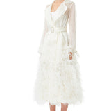 Silk Gazar Ostrich Feathers Embellished Trench Coat in White