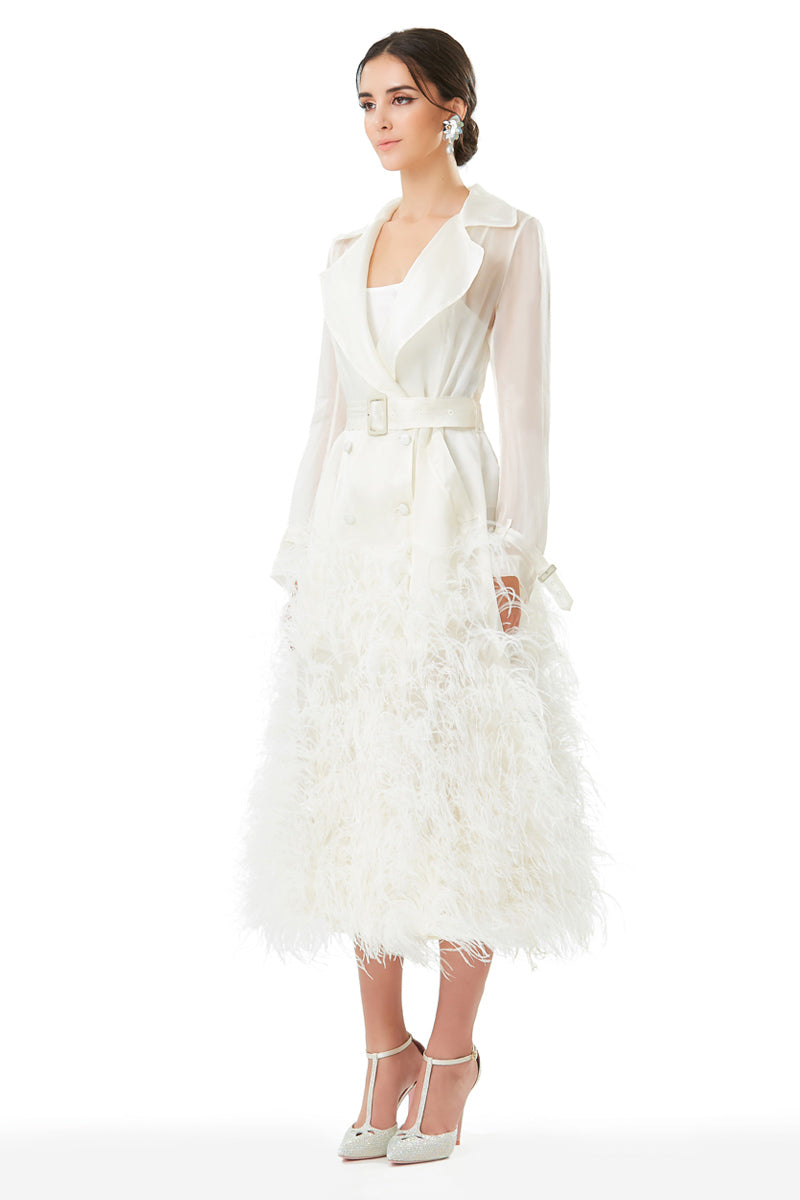 Silk Gazar Ostrich Feathers Embellished Trench Coat in White
