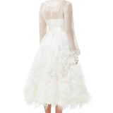 Silk Gazar Ostrich Feathers Embellished Trench Coat in White