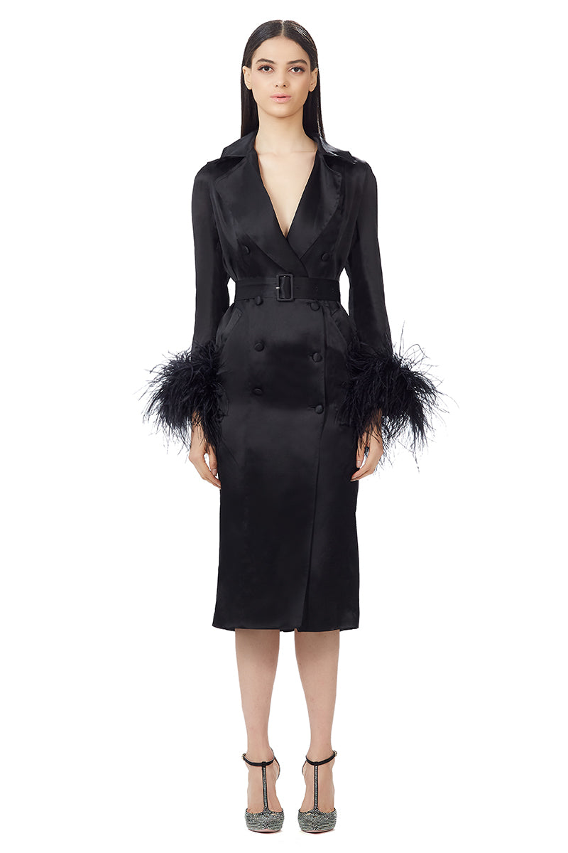 Ostrich Feathers Embellished Sleeves Silk Gazar Trench Coat in Black
