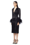Ostrich Feathers Embellished Sleeves Silk Gazar Trench Coat in Black