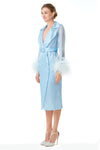 Ostrich Feathers Embellished Sleeves Silk Gazar Trench Coat in Blue