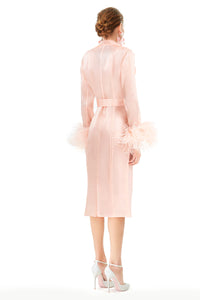 Ostrich Feathers Embellished Sleeves Silk Gazar Trench Coat in Pink