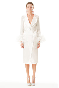 Ostrich Feathers Embellished Sleeves Silk Gazar Trench Coat in White