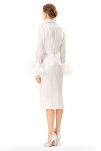 Ostrich Feathers Embellished Sleeves Silk Gazar Trench Coat in White