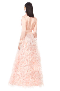 Ostrich Feathers Embellished Silk Gazar Maxi Trench Dress in Pink