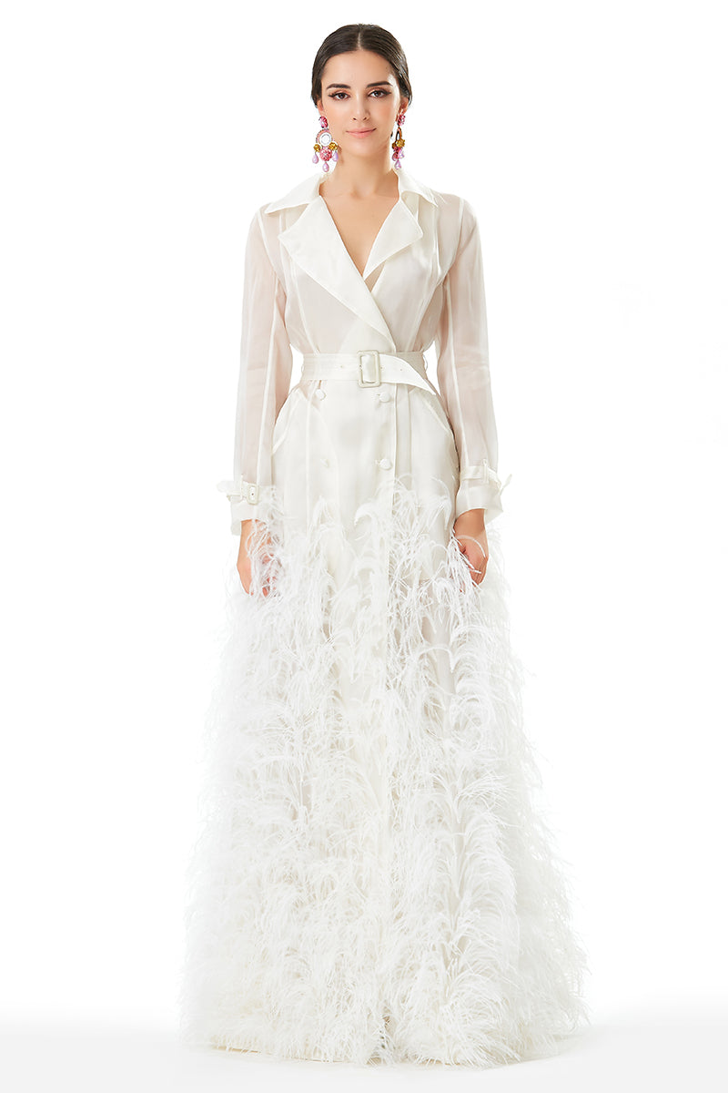 Ostrich Feathers Embellished Silk Gazar Maxi Trench Dress in White