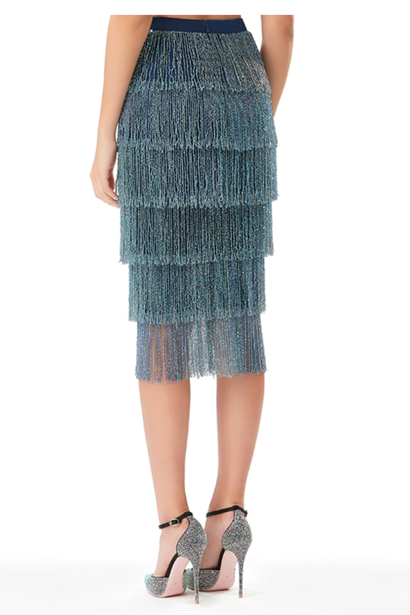 Tiered Crystal Fringe High Waisted Skirt in Midnight Blue