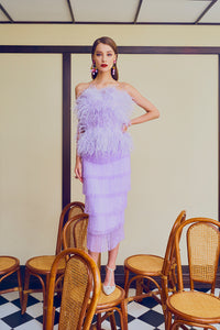 Tiered Crystal Fringe High Waisted Skirt in Lilac